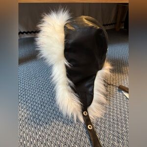 BCBGMaxAzria Black Faux Leather Hat with White Fur Trim NWT